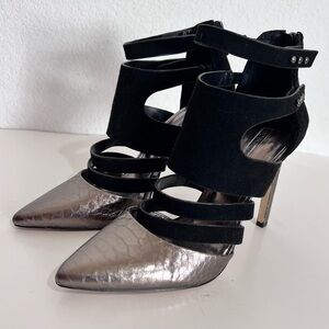 BCBGeneration Canon Black & Sliver Reptile Leather Caged Heeled Shoes 8.5